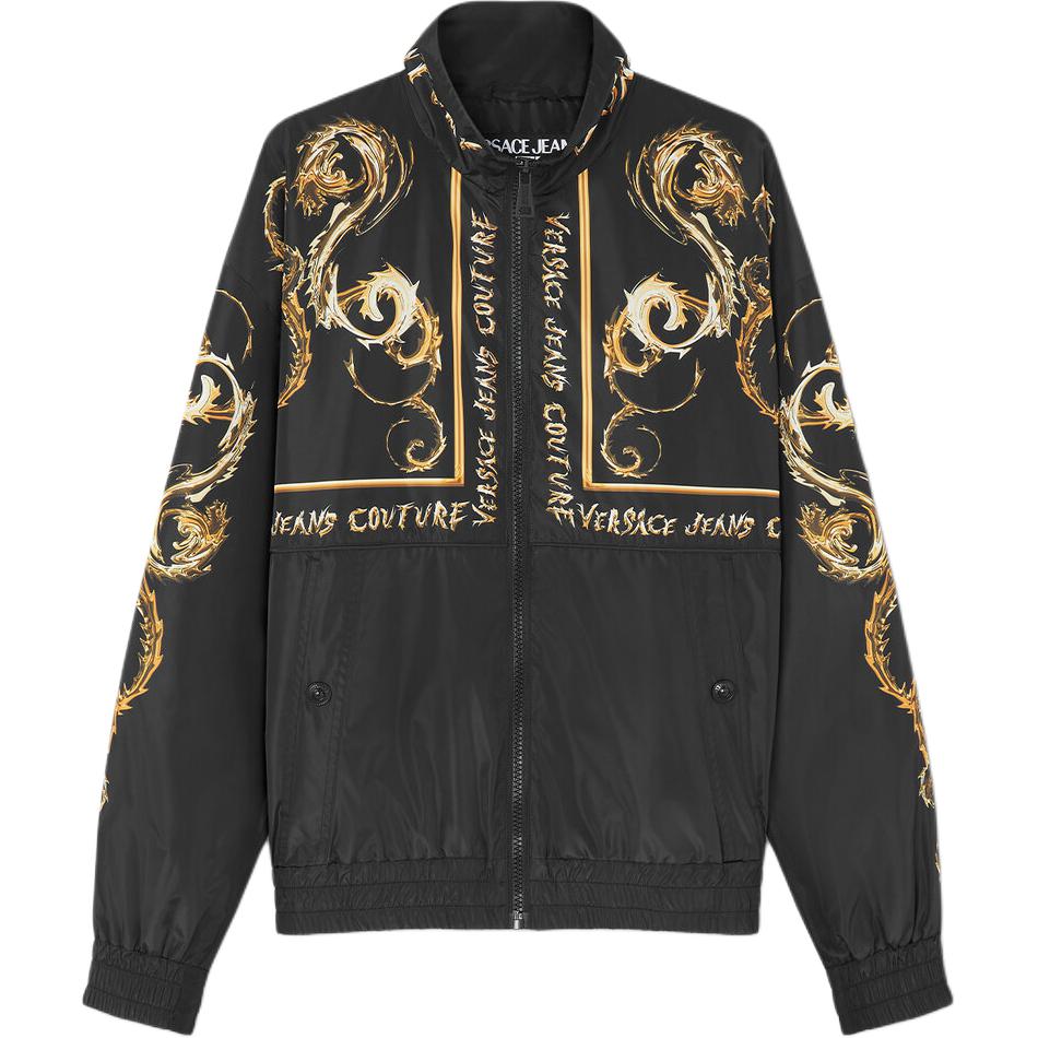 VERSACE JEANS COUTURE SS24 Logo Print High-Neck Windbreaker Jacket Black Men. E77GAS411-ECQD49-EG89