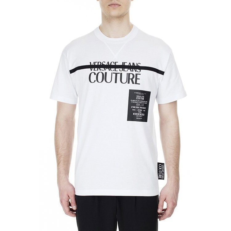 Shop VERSACE JEANS COUTURE White Cotton Logo Print Crewneck T-Shirt B3GVB7TF-30319-003