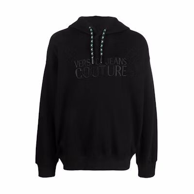 VERSACE JEANS FW22 Black Logo Embroidered Drawstring Hoodie 73GAIT1-3CF00T-899