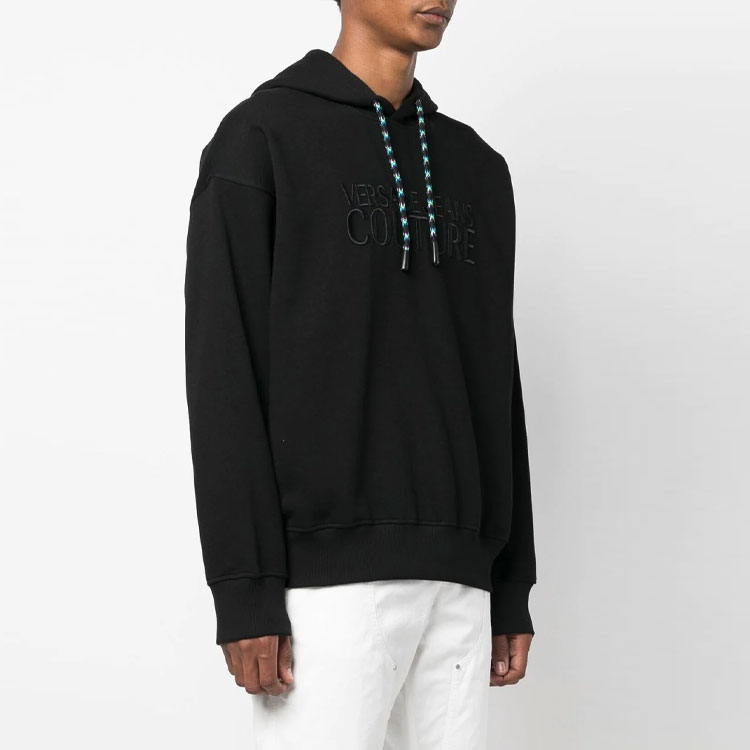 Purchase VERSACE JEANS FW22  Black Logo Embroidered Drawstring Hoodie 73GAIT1-3CF00T-899
