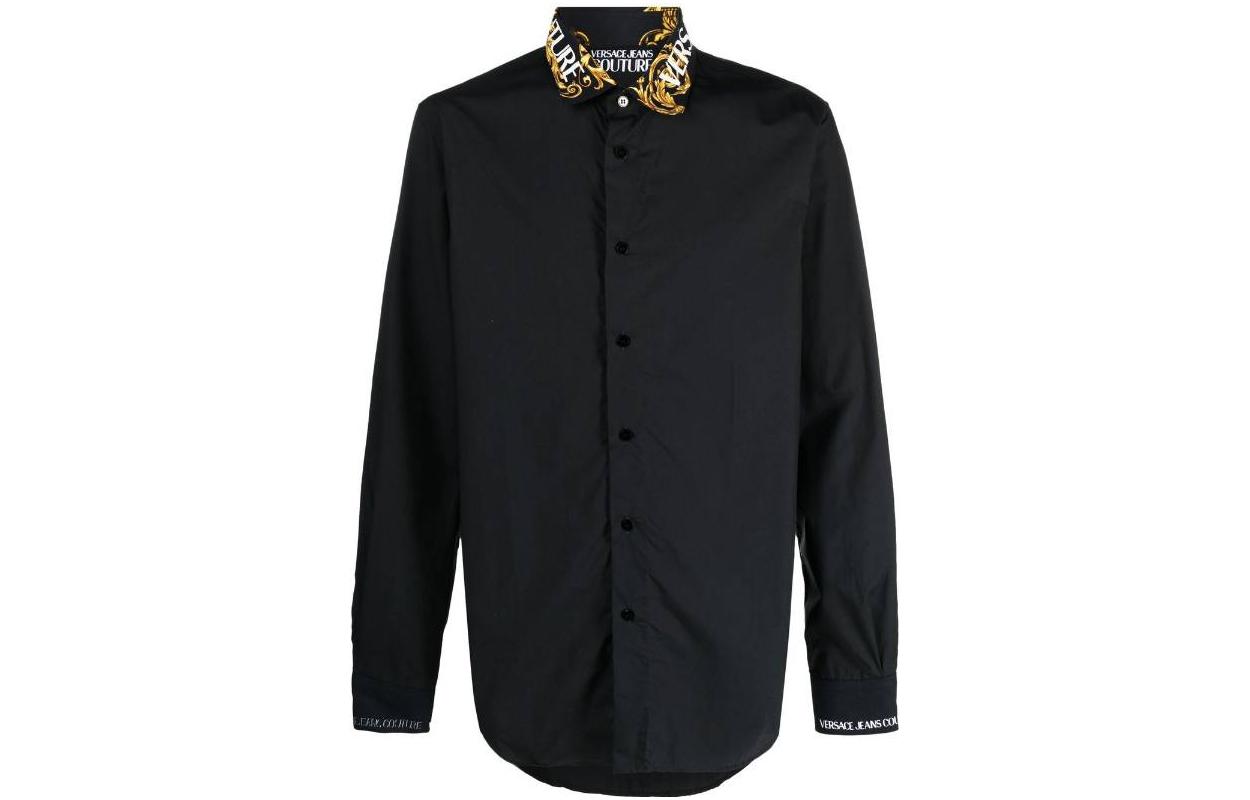 VERSACE JEANS FW22 Black  Long-Sleeve Shirt with Logo Print Collar. 73GAL2-SB0850-6899