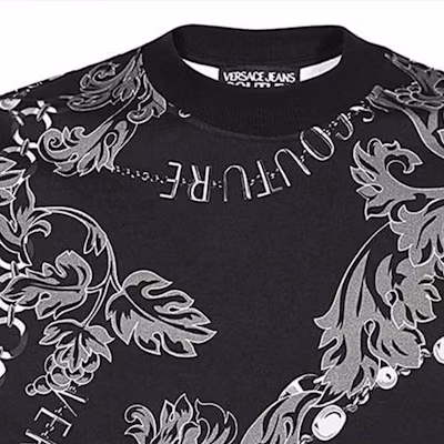 VERSACE JEANS FW23 Baroque Print Crewneck Sweatshirt Black 75GAI3R0-FS102-899 Details for VERSACE JEANS FW23 Baroque Print Crewneck Sweatshirt Black 75GAI3R0-FS102-899