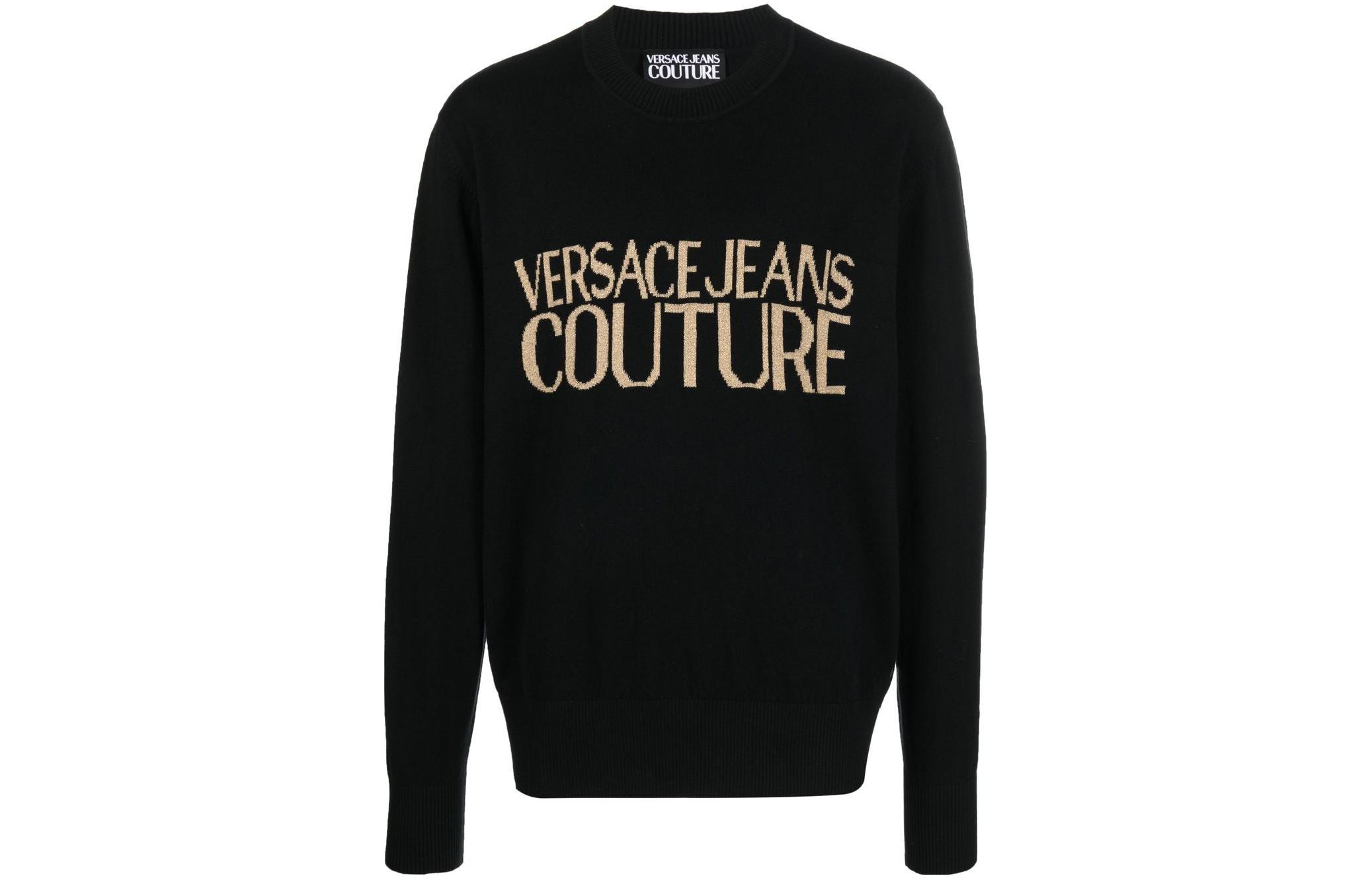 VERSACE JEANS SS23  Black Letter Logo Print Crewneck Sweater. 74GAFM01-CM06H-K42