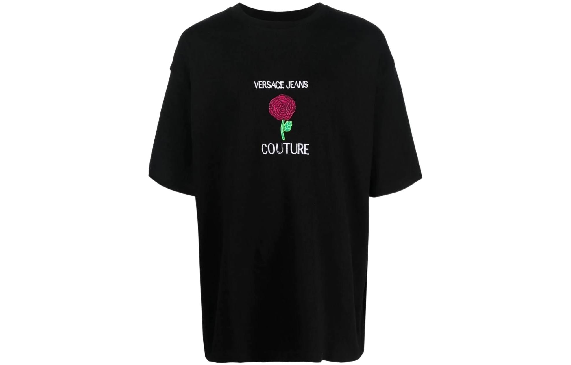 VERSACE JEANS SS23  Black Rose Print Crew Neck Short Sleeve T-Shirt 74GAHI01-CJ04I-899