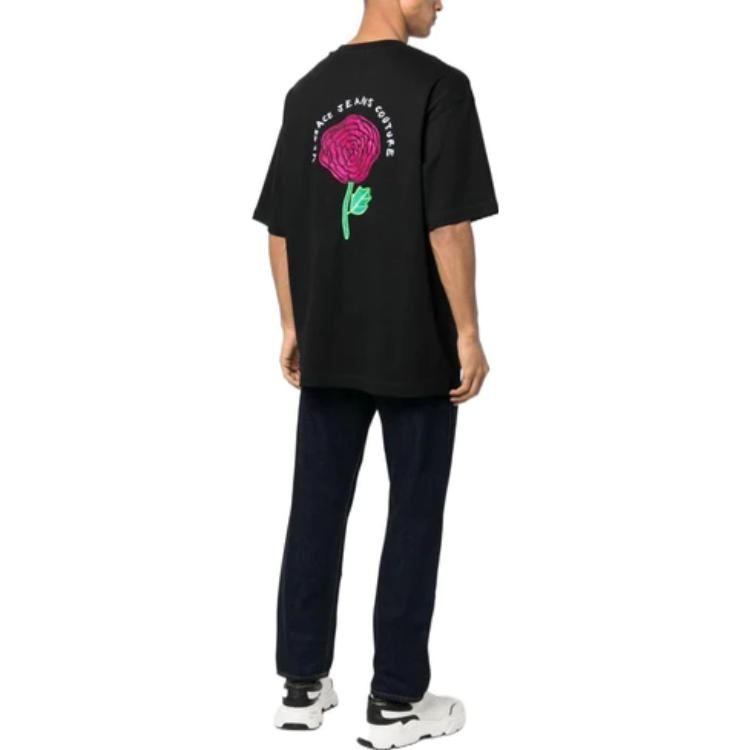 Purchase 베르사체 진 SS23 블랙 로즈 프린트 크루넥 반팔 티셔츠 74GAHI01-CJ04I-899