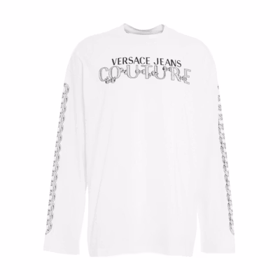 VERSACE JEANS SS23 White Logo Print Crewneck Long Sleeve T-Shirt. 75GAHF0-3CJ00-F003