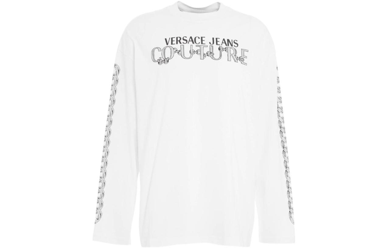 Order VERSACE JEANS SS23  White Logo Print Crewneck Long Sleeve T-Shirt. 75GAHF0-3CJ00-F003