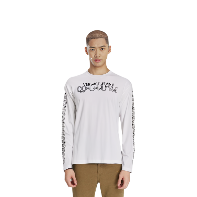 Shop VERSACE JEANS SS23  White Logo Print Crewneck Long Sleeve T-Shirt. 75GAHF0-3CJ00-F003