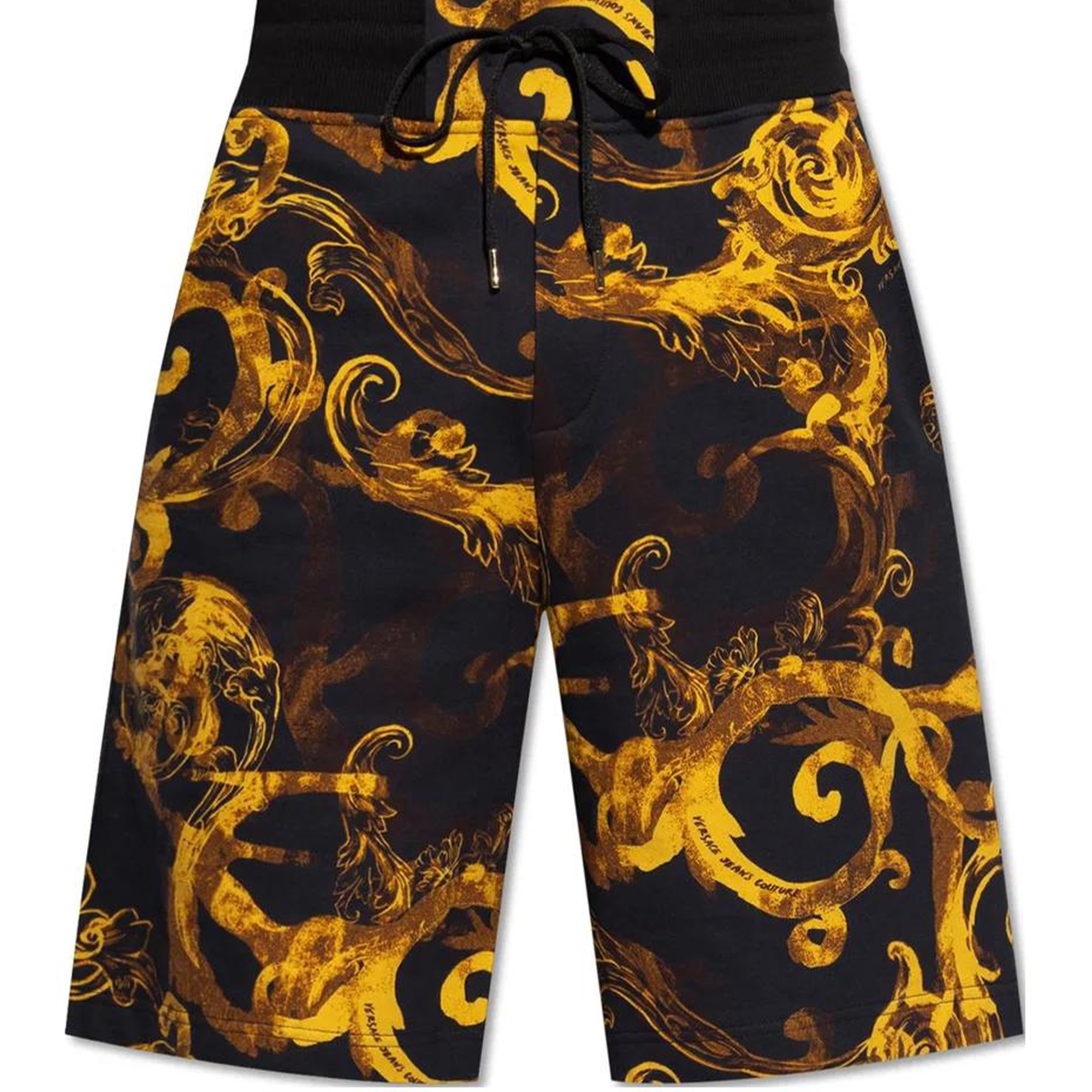 VERSACE JEANS SS24 All-Over Print High-Waist Cotton Drawstring Shorts Gold Men 76GAD3B0FS127G89