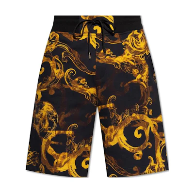 VERSACE JEANS SS24 All-Over Print High-Waist Cotton Drawstring Shorts Gold Men 76GAD3B0FS127G89