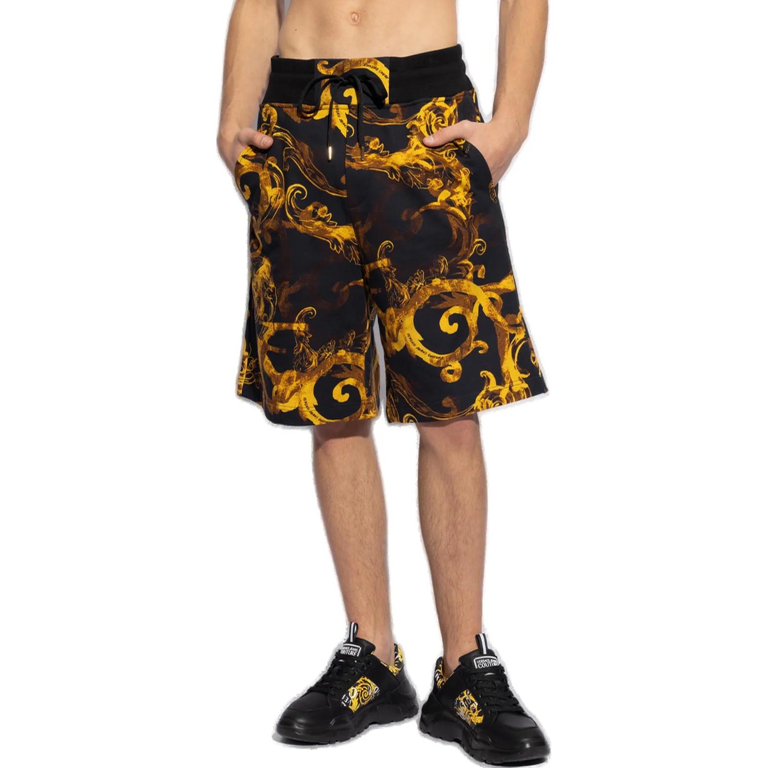 Shop VERSACE JEANS SS24 All-Over Print High-Waist Cotton Drawstring Shorts Gold Men 76GAD3B0FS127G89