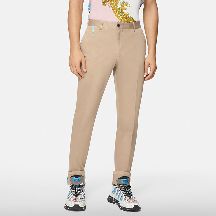 Shop VERSACE Khaki Straight-Cut Casual Pants with Zipper A89392-A229958-A1075