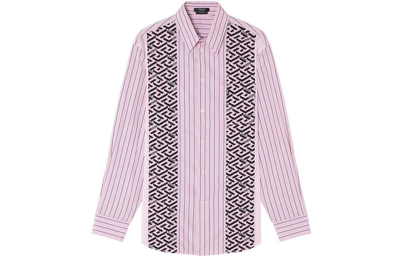 VERSACE La Greca SS22  Striped Button-Up Long-Sleeve Shirt Pink 1003933-1A02834-2P750