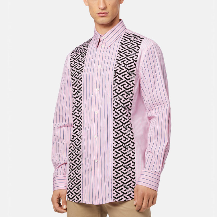 Shop VERSACE La Greca SS22 Baju Lengan Panjang Berjalur Merah Jambu 1003933-1A02834-2P750