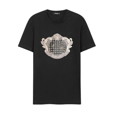VERSACE La Vacanza Holiday SS24 Logo Embroidered Black T-Shirt. 1013944-1A11470-1B000