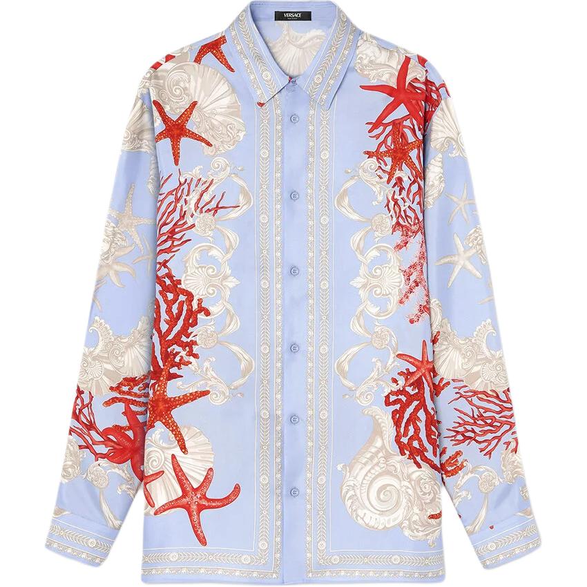 VERSACE La Vacanza Starfish Shell Print Button-Up Shirt SS24 Blue  Shirt 1012141-1A11093-5UB20