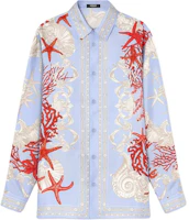 VERSACE La Vacanza Starfish Shell Print Button-Up Shirt SS24 Blue Shirt 1012141-1A11093-5UB20 VERSACE La Vacanza Starfish Shell Print Button-Up Shirt SS24 Blue Shirt 1012141-1A11093-5UB20