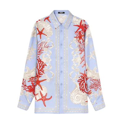 VERSACE La Vacanza Starfish Shell Print Button-Up Shirt SS24 Blue Shirt 1012141-1A11093-5UB20