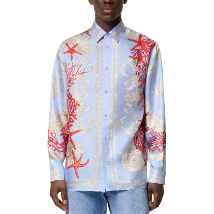 Shop VERSACE La Vacanza 海星贝壳印花短袖衬衫 蓝色 SS24 1012141-1A11093-5UB20