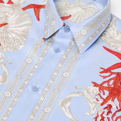 VERSACE La Vacanza 海星贝壳印花短袖衬衫 蓝色 SS24 1012141-1A11093-5UB20 Details for VERSACE La Vacanza 海星贝壳印花短袖衬衫 蓝色 SS24 1012141-1A11093-5UB20