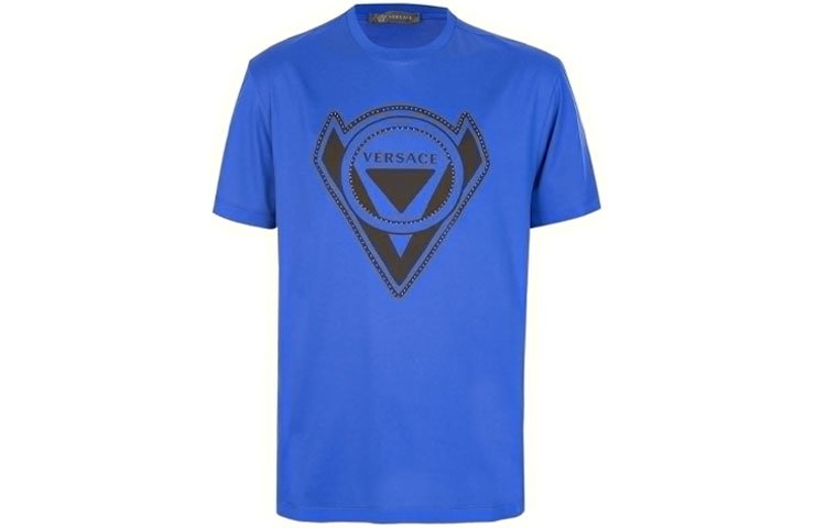 VERSACE Letter Logo Studded Crew Neck Blue T-Shirt Men A75606-A201952-A124