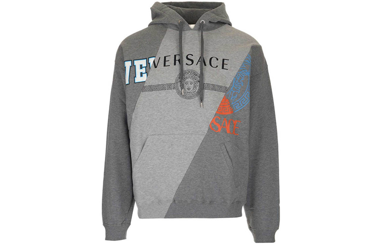 Versace Letter Print Colorblock Hoodie Men’s Cotton Gray A84840-A232781-A8026