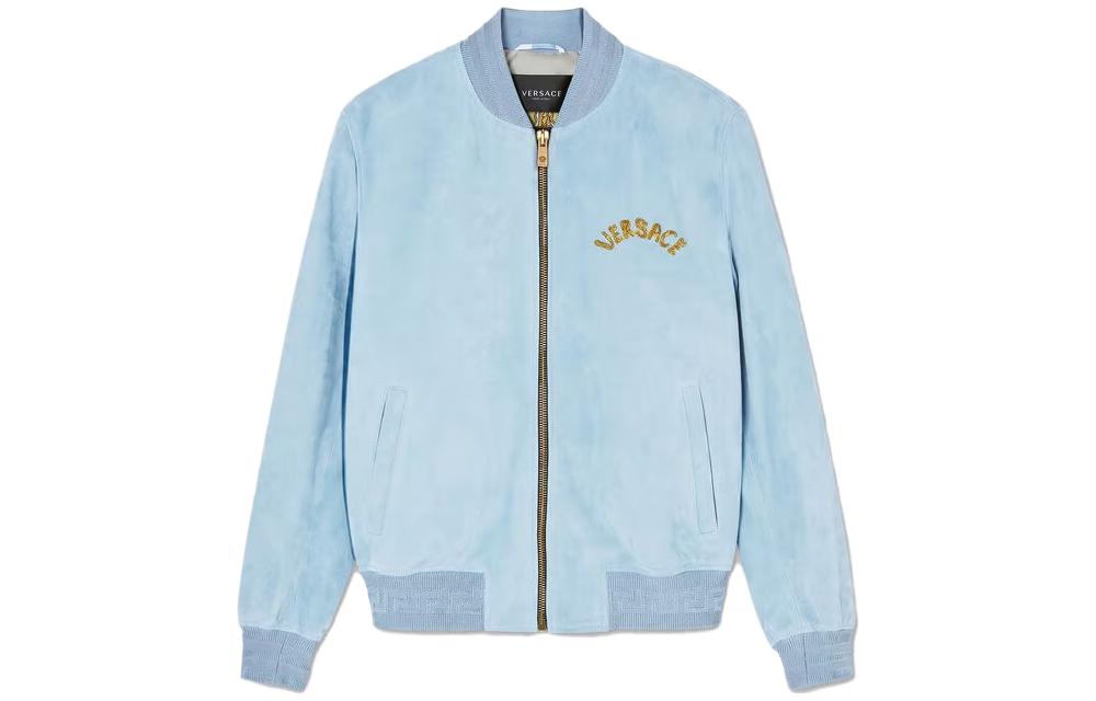 Versace Light Blue Logo Embroidered Baseball Collar Jacket 1010721-1A07790-1VA90