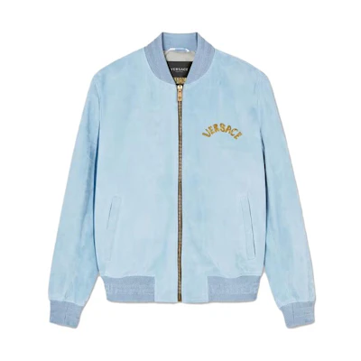 Versace Light Blue Logo Embroidered Baseball Collar Jacket 1010721-1A07790-1VA90