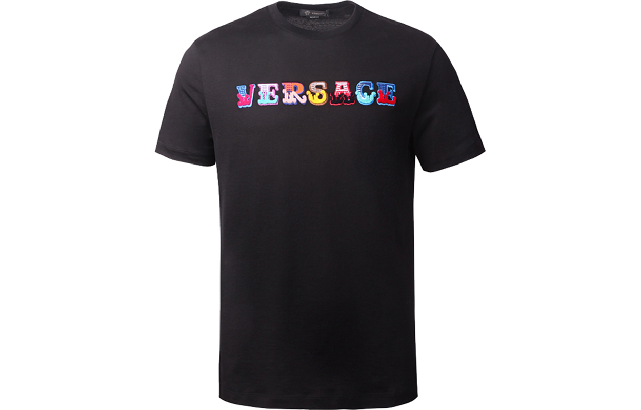 VERSACE Logo Embroidered Cotton Crewneck Black T-Shirt for Men A85168-A228806-A1008 圖 2