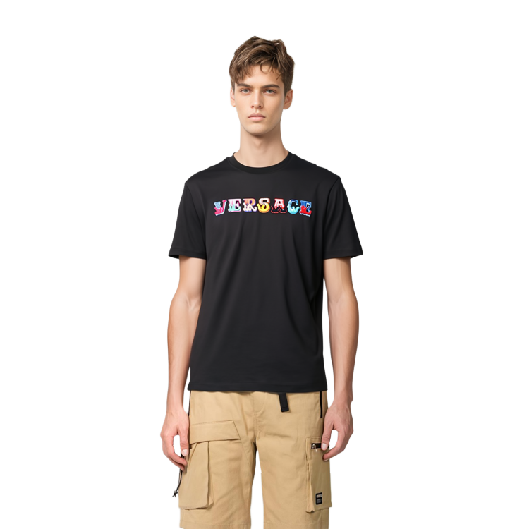 VERSACE Logo Embroidered Cotton Crewneck Black T-Shirt for Men A85168-A228806-A1008 圖 4