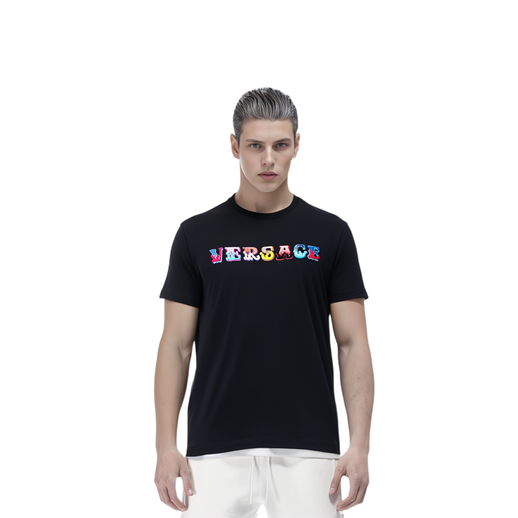 VERSACE Logo Embroidered Cotton Crewneck Black T-Shirt for Men A85168-A228806-A1008 圖 5
