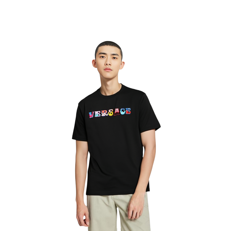 VERSACE Logo Embroidered Cotton Crewneck Black T-Shirt for Men A85168-A228806-A1008 圖 6