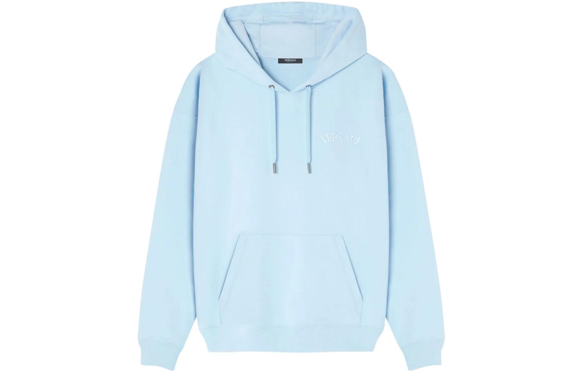 Versace Logo Embroidered Light Blue Hoodie 1013979-1A10710-1VD60