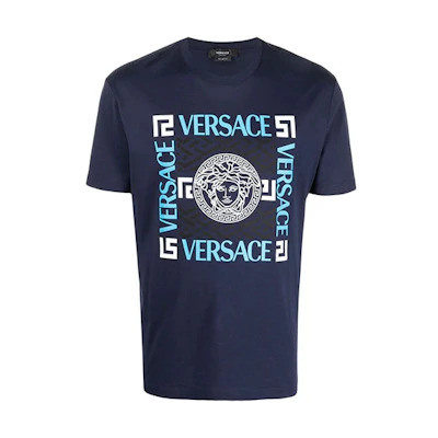 VERSACE Logo Letter Print Blue Crew Neck T-Shirt 10042071-A03047-1U830