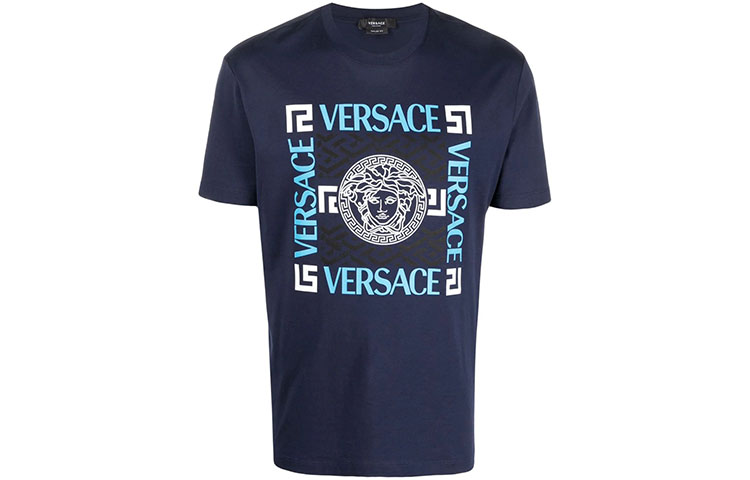 VERSACE Logo Letter Print Blue Crew Neck  T-Shirt 10042071-A03047-1U830 圖 2