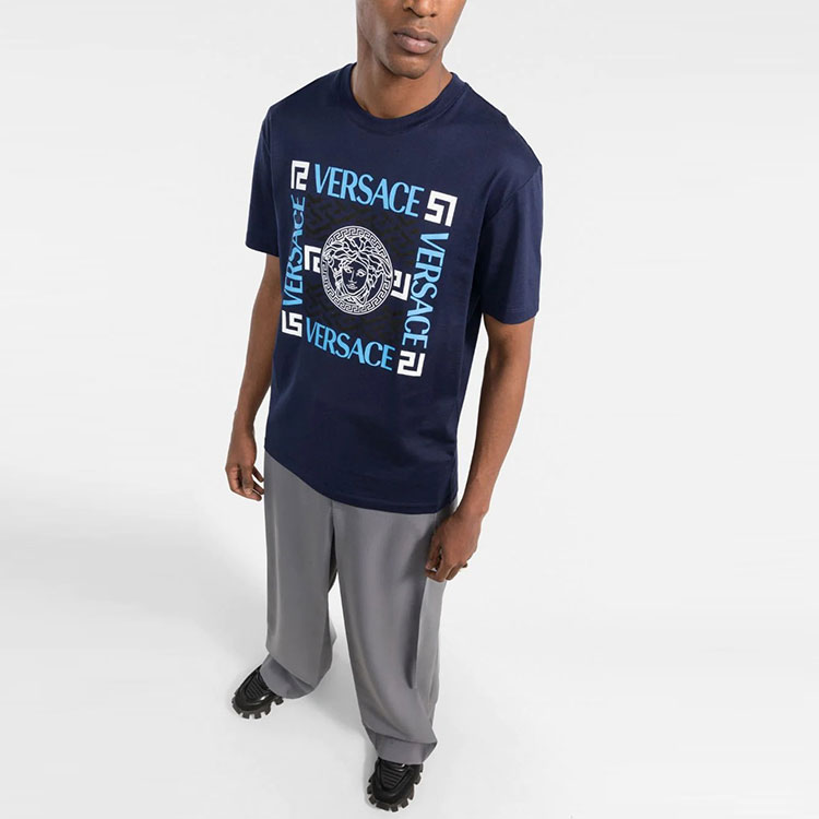 VERSACE Logo Letter Print Blue Crew Neck  T-Shirt 10042071-A03047-1U830 圖 5