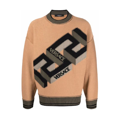 VERSACE Logo Print Crew Neck Wool Sweater Men’s Khaki Color 10020361-A01602-5B150