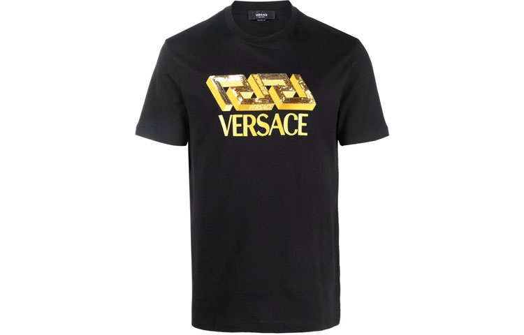 VERSACE Logo Sequin Embellished Black Short Sleeve T-Shirt. 10024601-A017931-B000