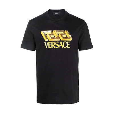 VERSACE Logo Sequin Embellished Black Short Sleeve T-Shirt. 10024601-A017931-B000