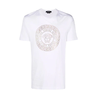 VERSACE Medusa Crystal Embellished Crewneck Short Sleeve T-Shirt White Men’s 10016191-A012631-W000