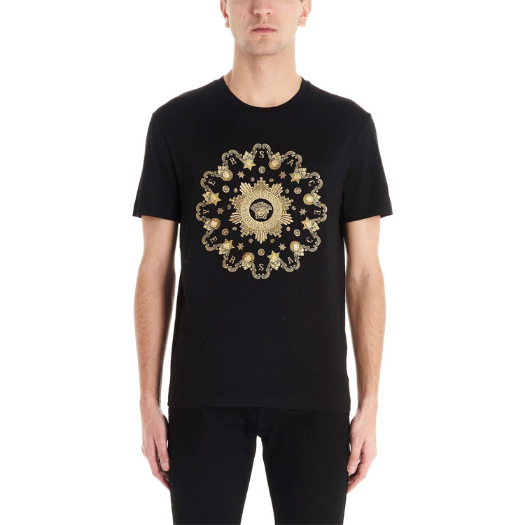 Shop VERSACE 美杜莎刺繡黑色圓領T恤 A85165-A228806-A2003