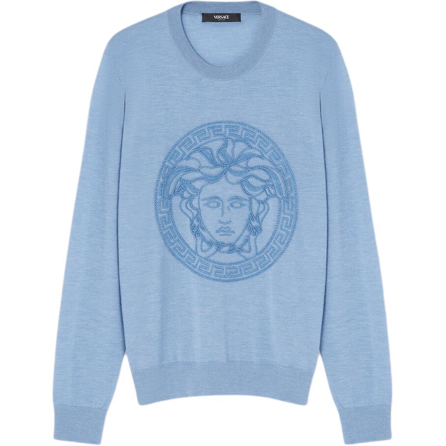 VERSACE Medusa Embroidered Crewneck Knit Sweater Blue  Fashion Sweater 1016056-1A11251-1VD90