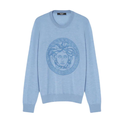 VERSACE Medusa Embroidered Crewneck Knit Sweater Blue Fashion Sweater 1016056-1A11251-1VD90