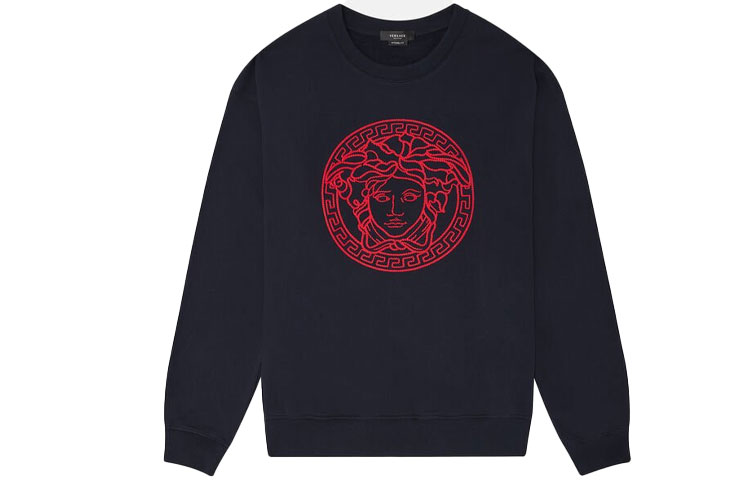 Versace Medusa Embroidered Long-Sleeve Pullover Sweatshirt Men Navy Blue A89395-A231242-A1384