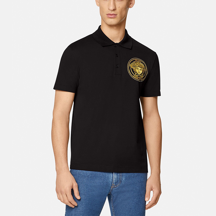 Shop VERSACE 美杜莎刺绣铆钉男士黑色POLO衫 A89300-A237141-A1008