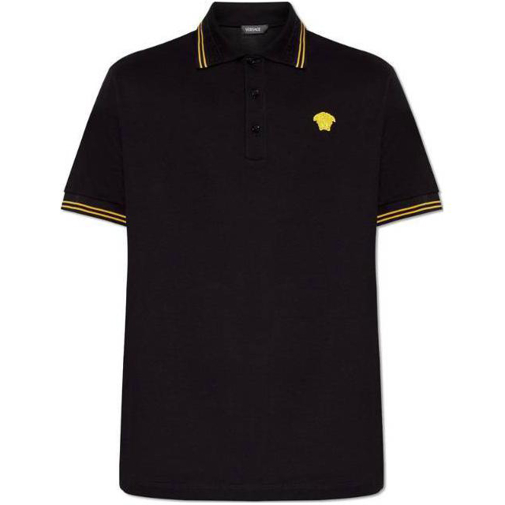 VERSACE Medusa Logo Stripe Pattern Short-Sleeve Polo Shirt Black  Casual Fit 1013910-1A09860-1B000