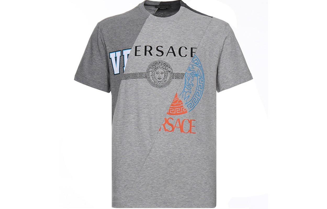 VERSACE Multicolor Graphic Print Cotton Crewneck T-Shirt Grey A84501-A228806-A8026