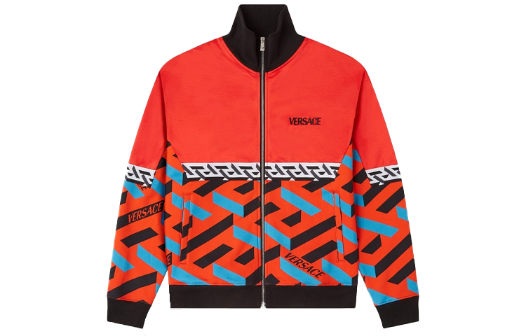 Versace Orange Red Print Zip-Up Jacket with Stand Collar 1002060-1A01463-5R080