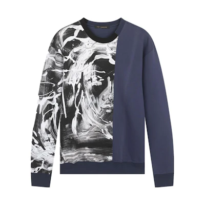 VERSACE Patchwork Print Crewneck Pullover Sweatshirt Navy - . A78938S-A224871-A708