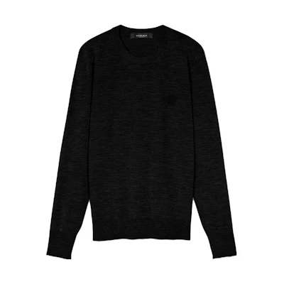 VERSACE Plain Black Crewneck Pullover Sweater for Men. 1010534-1A07614-1B000